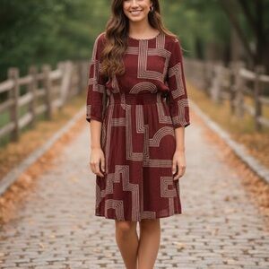 H&M Burgundy Midi Dress with Geometric Pattern